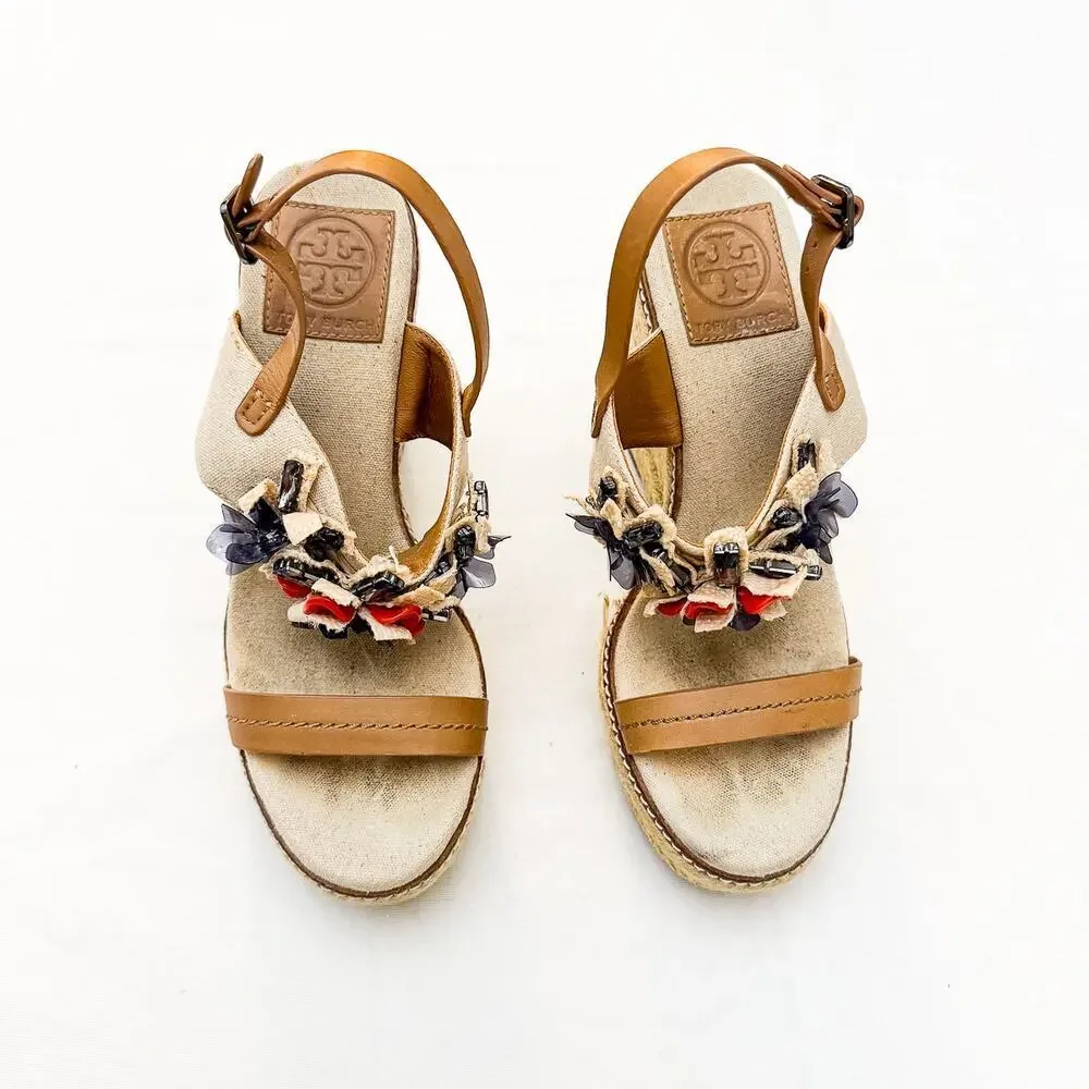 Tory Burch Mallory Lin Natural Espadrille Wedge Sandals Floral Applique Size 8.5